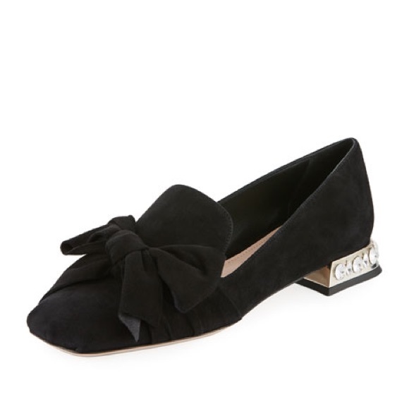 Miu Miu Black Suede Bow Jeweled Donna Loafers 38 - Picture 1 of 12